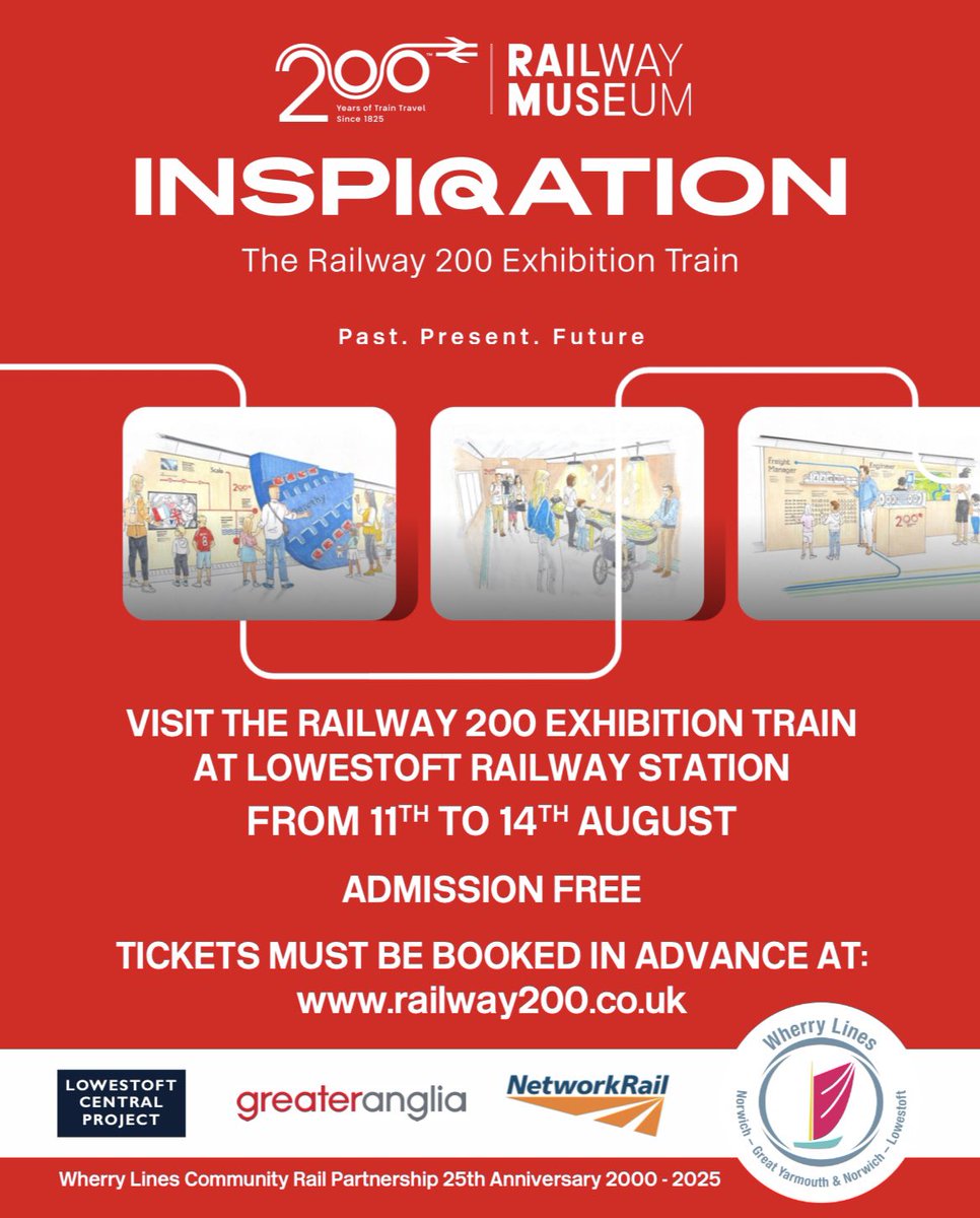 WherryLines's tweet image. The @railway200 Exhibition Train is heading to the @WherryLines & will be in Norwich from 7-10 Aug & then Lowestoft 11-14 Aug. Tickets are FREE. In conjunction with @LowestoftCentr1 we have 3 extra FREE exhibitions at Lowestoft during the visit. More info: facebook.com/share/p/1Cdp61…