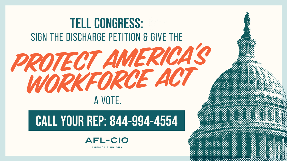 sunrisemvmt's tweet image. Trump is trying to destroy unions so that billionaires can have free reign to exploit workers. Congress must push back against these attacks.
Join @AFLCIO and urge your Representative to sign a discharge petition and pass the Protect America’s Workforce Act: 844-944-4554.