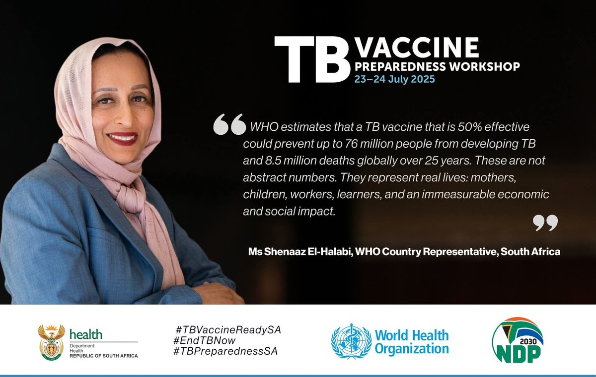 HealthZA's tweet image. TB Vaccine Preparedness Workshop to be held in Johannesburg from 23-24 July 2025.
