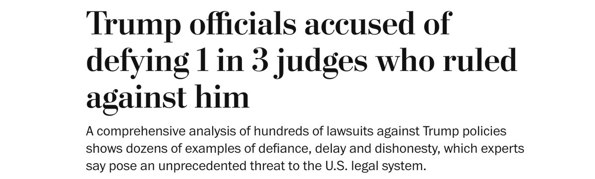 Public_Citizen's tweet image. The Trump admin is being accused of defying 1 in 3 judges who rule against him.
This illegal behavior is a threat to the entire U.S. legal system and our democracy.
A president who thinks he is above the law is not a president - he's a dictator.