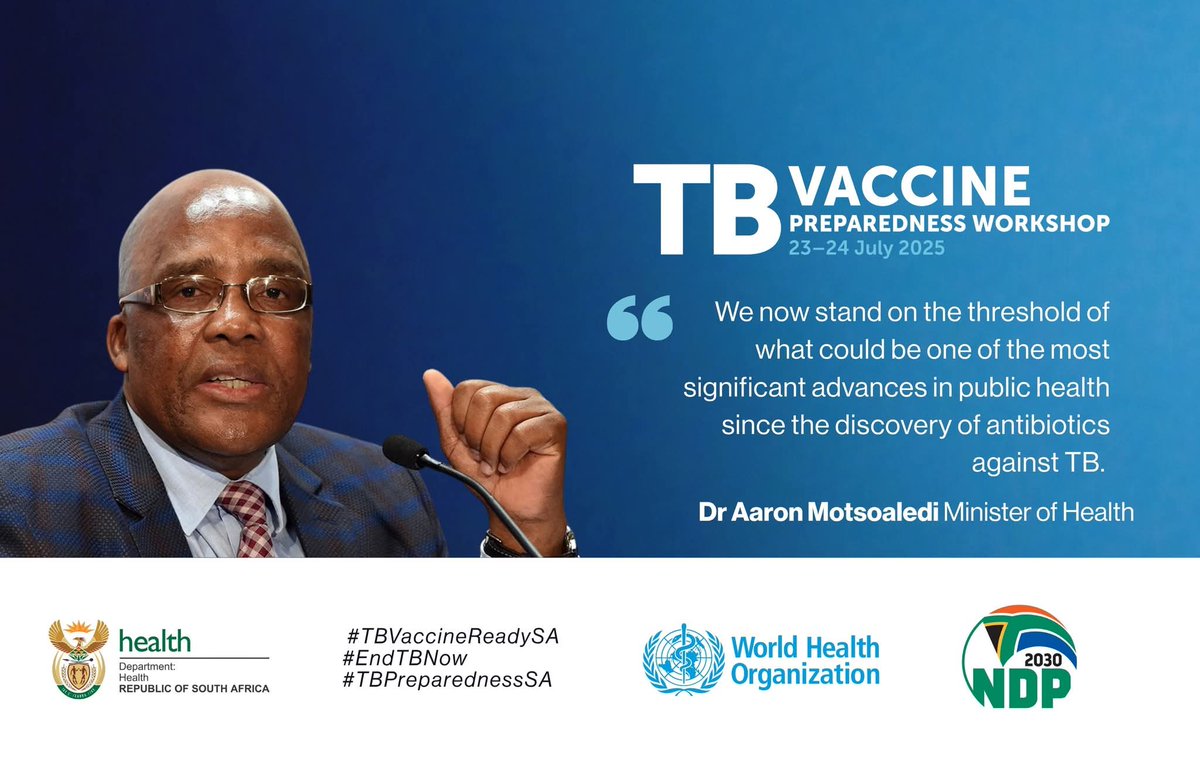 HealthZA's tweet image. TB Vaccine Preparedness Workshop to be held in Johannesburg from 23-24 July 2025.