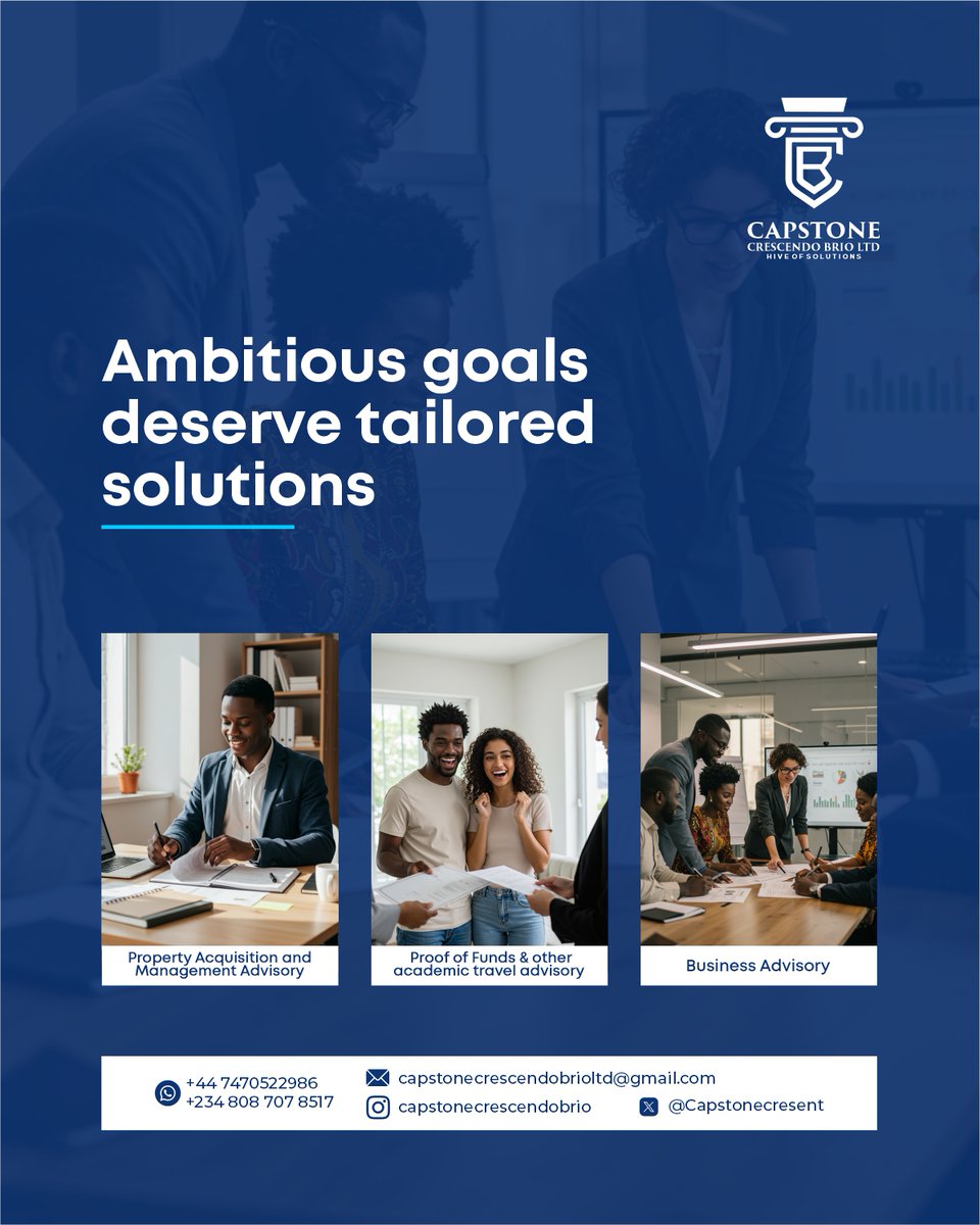 Capstonecresent's tweet image. From property acquisition to academic travel support and expert business advisory, Capstone is your trusted partner for your ambitious goals. Contact us now to make it happen. 

#BusinessAdvisory #PropertySolution #AcademicTravel #ProofOfFunds  #RealEstateNigeria