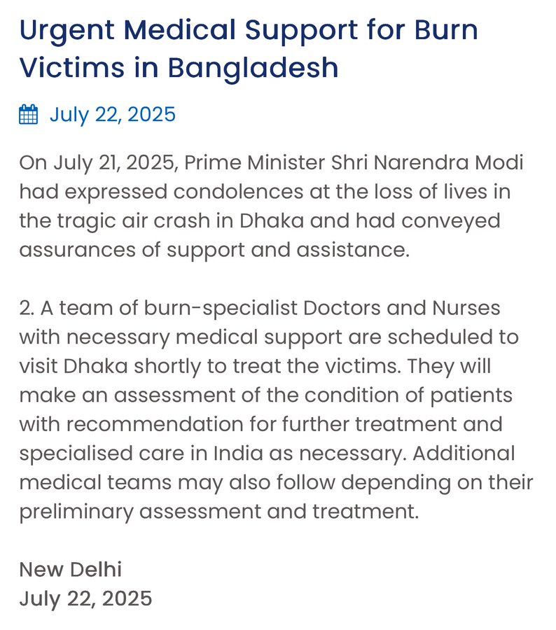 alpha_defense's tweet image. India to send a team of burn-specialist Doctors & Nurses with necessary medical support to Dhaka shortly to treat the victims of the air crash in Bangladesh.