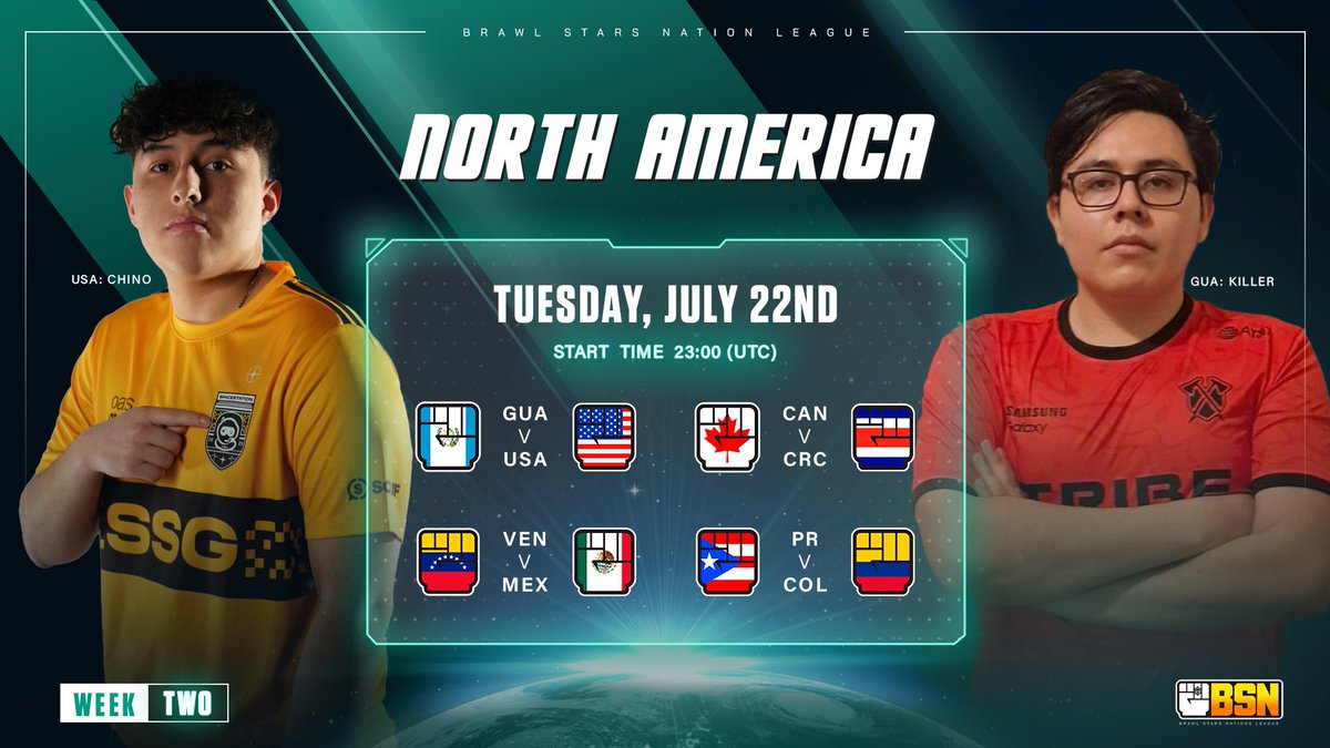 BSN: Brawl Stars Nations League (@brawlpseries) on Twitter photo #BSN • ¡MATCH DAY!
NA - WEEK 2
⏰ 17:00 🇲🇽 (GMT-6)
Match 1
🇬🇹 <a href="/guatemala_bs/">Selección Guatemala</a>
🆚
🇺🇸 <a href="/USAbrawlstars/">USA Brawl Stars</a>
Match 2
🇨🇦 <a href="/CanadaBrawl/">CanadaBrawlStars</a>
🆚
🇨🇷 <a href="/CRC_BrawlStars/">Costa Rica Brawl Stars</a>
Match 3
🇻🇪 <a href="/Selec_VeBS1/">Selección 🇻🇪</a>
🆚
🇲🇽 <a href="/SeleccionBSMx/">Selección Mexicana BS</a>
Match 4
🇵🇷 <a href="/seleccionprbs/">Seleccion de Puerto Rico Brawl Stars</a>
🆚
🇨🇴 <a href="/SelColEsportsBs/">Sel Col Brawl Stars</a>
Broadcast channel ⤵️ #BSN • ¡MATCH DAY!
NA - WEEK 2
⏰ 17:00 🇲🇽 (GMT-6)
Match 1
🇬🇹 <a href="/guatemala_bs/">Selección Guatemala</a>
🆚
🇺🇸 <a href="/USAbrawlstars/">USA Brawl Stars</a>
Match 2
🇨🇦 <a href="/CanadaBrawl/">CanadaBrawlStars</a>
🆚
🇨🇷 <a href="/CRC_BrawlStars/">Costa Rica Brawl Stars</a>
Match 3
🇻🇪 <a href="/Selec_VeBS1/">Selección 🇻🇪</a>
🆚
🇲🇽 <a href="/SeleccionBSMx/">Selección Mexicana BS</a>
Match 4
🇵🇷 <a href="/seleccionprbs/">Seleccion de Puerto Rico Brawl Stars</a>
🆚
🇨🇴 <a href="/SelColEsportsBs/">Sel Col Brawl Stars</a>
Broadcast channel ⤵️