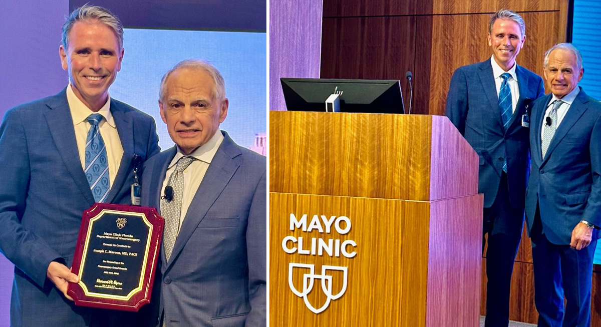 PittNeurosurg's tweet image. Rich Byrne—@MayoClinic (Fla) chair of neurosurgery—presents @DrJosephMaroon plaque for his visiting professor talk on July 21. Dr. Maroon spoke on his current research projects including those involving hyperbaric oxygen therapy, chronic traumatic encephalopathy and Parkinson's.