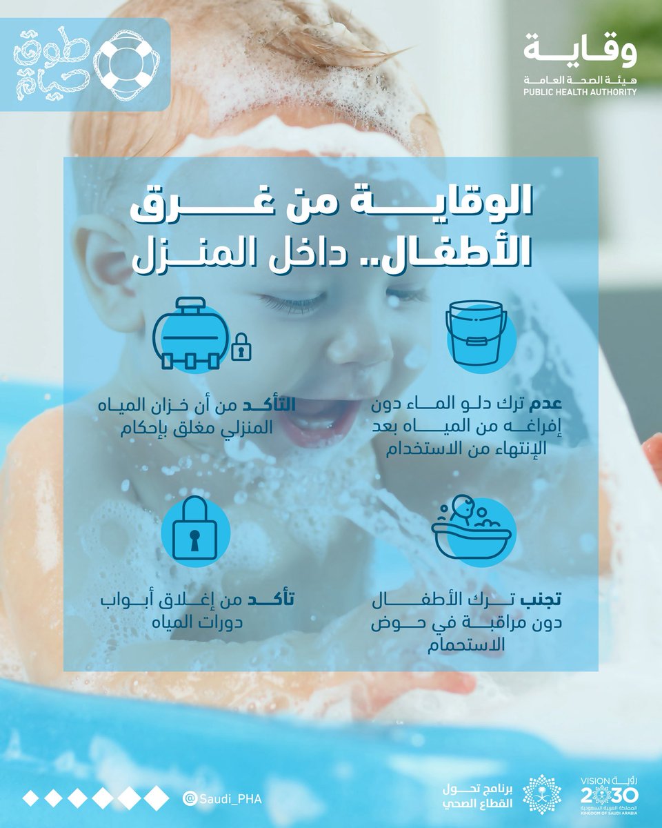 Saudi_PHA's tweet photo. حتى داخل المنزل الغرق ممكن..
لا تترك الأطفال دون رقابة قرب مصادر المياه، فالثواني تصنع الفارق.

Drowning can happen even at home…
Never leave your child unattended near water, not even for a moment.

#طوق_حياة 
#هيئة_الصحة_العامة #وقاية https://t.co/RrPrNQmdKI