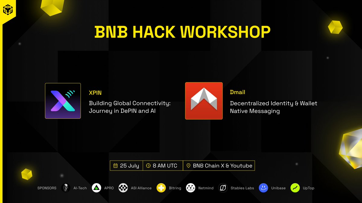 BNBChainDevs's tweet image. Another day, another #BNBHack workshop.
Dive into the future of connectivity and decentralized communication featuring @XPINNetwork and @Dmailofficial on July 25, 8 AM UTC.
🔗 Watch the livestream: youtube.com/watch?v=2jziXc…