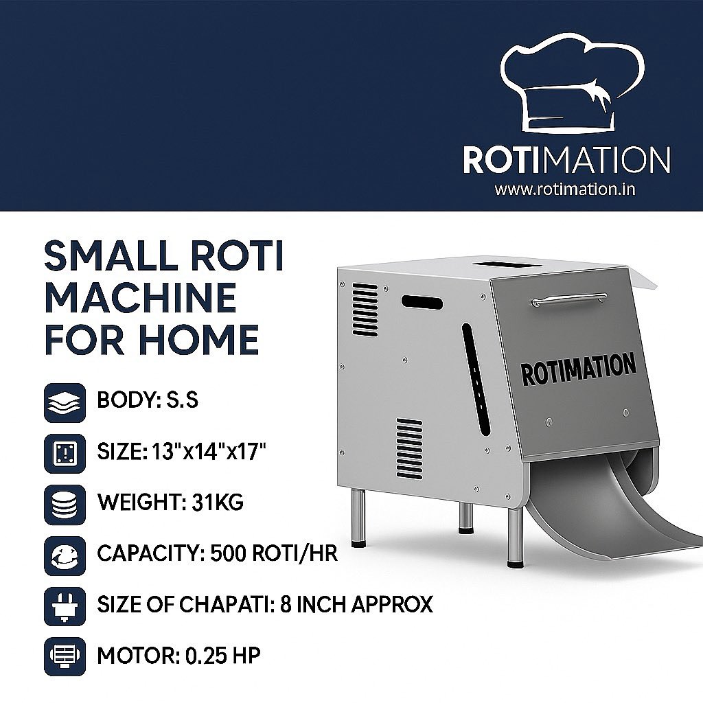 mahijexim's tweet image. 🍽️ Make 500 rotis/hr with ease!
Presenting the Small Roti Machine for Home by #Rotimation 🔥
✅ SS Body | 🌀 0.25 HP Motor
✅ Compact Size: 13”x14”x17”
✅ 8” Roti – Ready in Seconds!

Perfect for 🏠 home kitchens &amp;amp; 💼 food startups.

📞 7777 802 802 / 635 6666 336