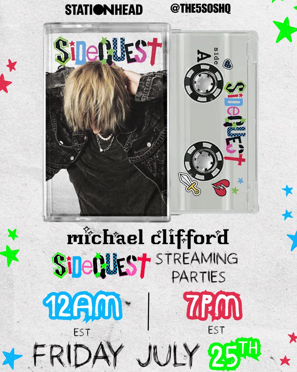 THE5SOSHQ's tweet image. We are so excited to announce we’re hosting TWO StationHead streaming parties to celebrate the release of SIDEQUEST! Come join us at 12AM EST and 7PM EST on release day to hang with other fans and experience SIDEQUEST together for the first time! 🩷💚