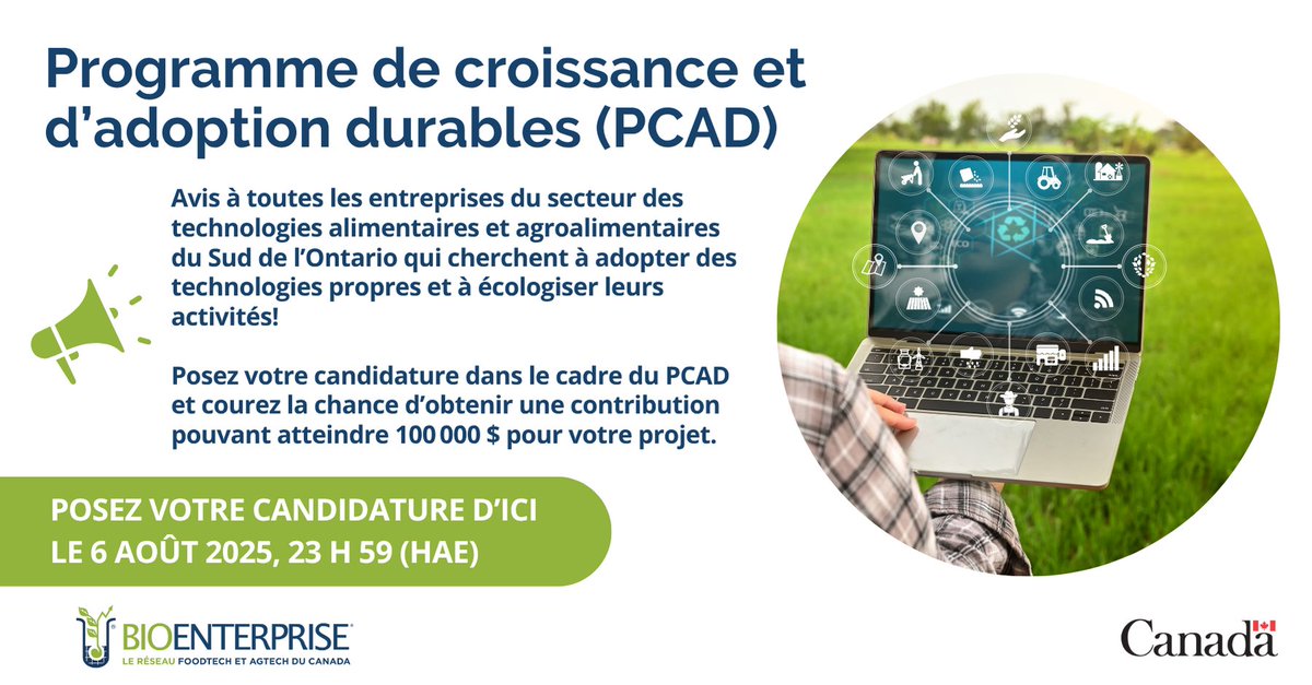 BioenterpriseCA's tweet image. 🚨Plus que 2 semaines! Soumettez votre candidature dans le cadre du #PCAD et obtenez jusqu’à 100 k$ de financement. Envoyez un courriel à submissions@bioenterprise.ca pour obtenir de la rétroaction. Financé par le #GC par l’intermédiaire de @FedDevOntario. ow.ly/lkXA50Wa8BA
