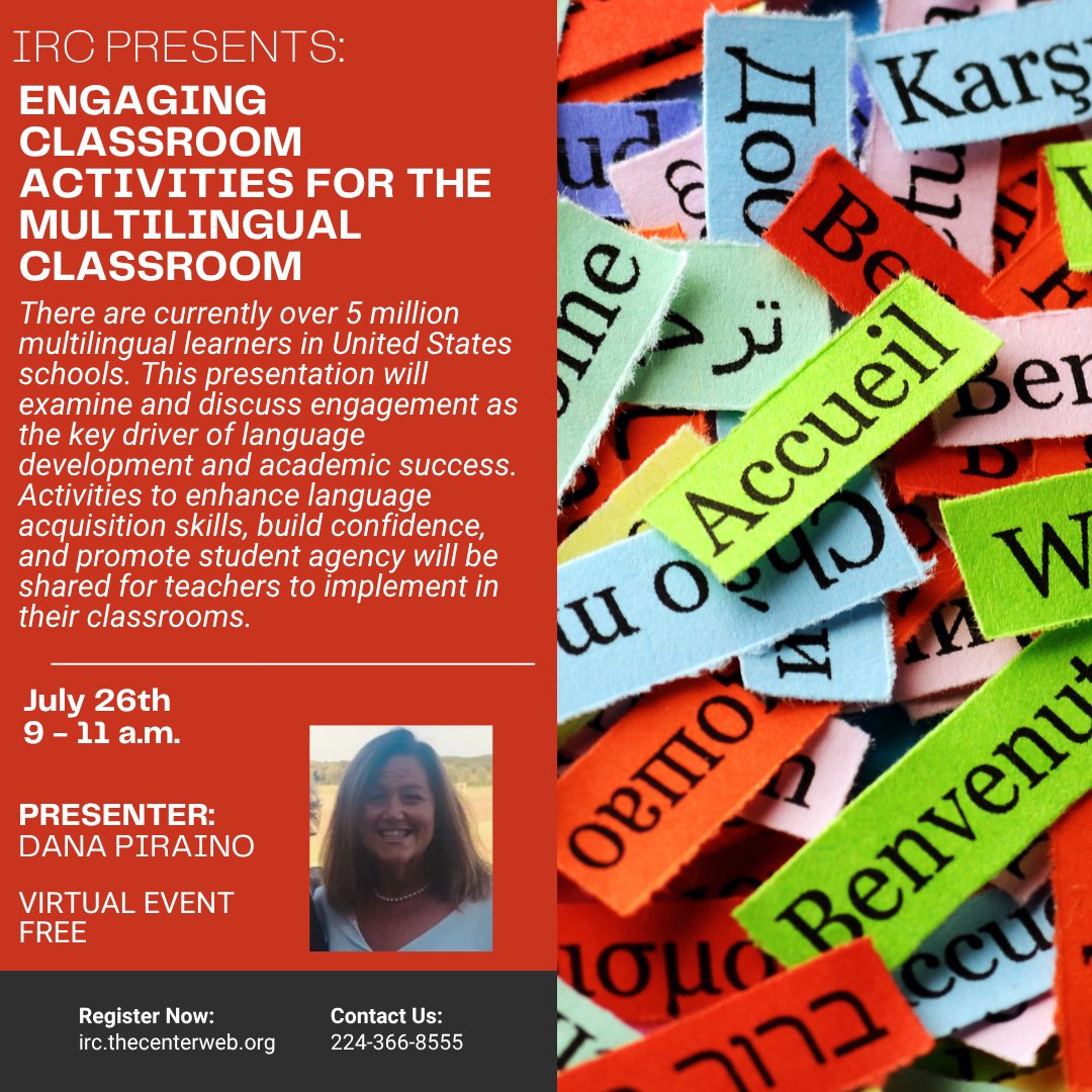 IL_Resource_Ctr's tweet image. Our robust schedule of Back to School PD webinars begins this weekend with a focus on student engagement! On Saturday, Dana Piraino will take you through ideas for activities to drive language acquisition and build student confidence. RSVP at the IRC website!
