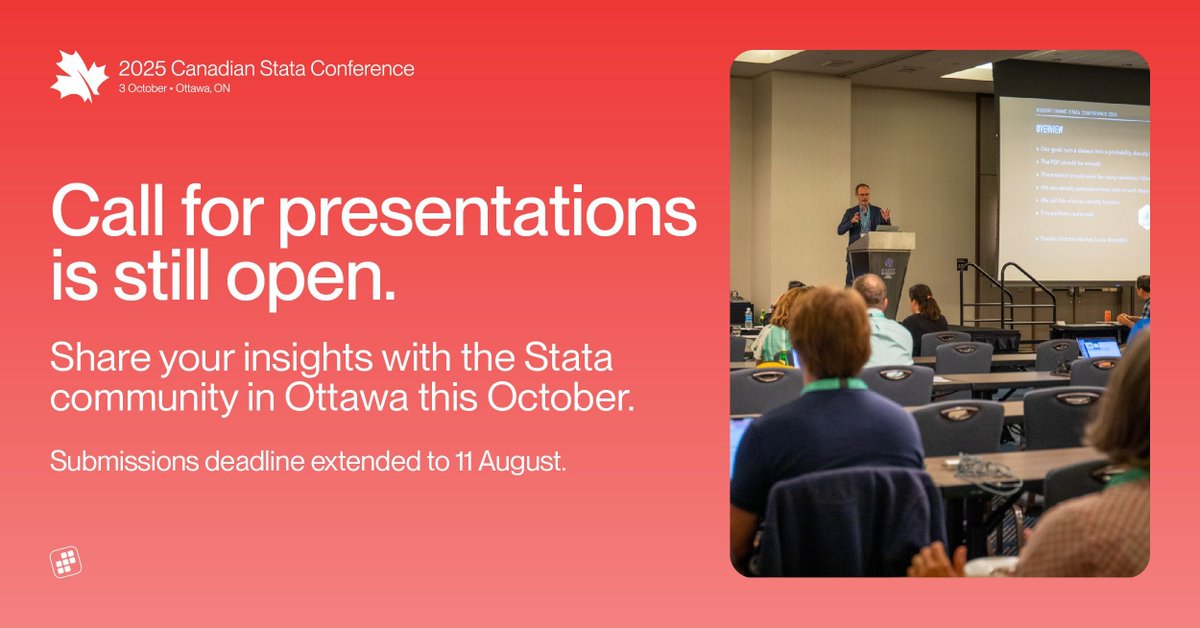 Stata's tweet image. Thought you missed your chance to present at the 2025 Canadian Stata Conference? Good news, there’s still time.
The submission deadline has been extended to 11 August.
Submit your work or register today: stata.com/meeting/canada…
#Stata #StataCanada25 #StataCommunity