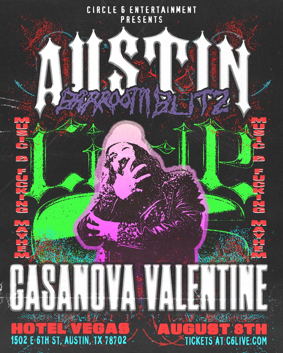 Circle6_co's tweet image. The #KingOfNoRing returns to raise hell in Austin.
CASANOVA VALENTINE brings the ultraviolence AUGUST 8TH at Hotel Vegas
🎟️ Secure your seat at C6Live.com
#Circle6 #NoRingDeathmatch #CasanovaValentine
