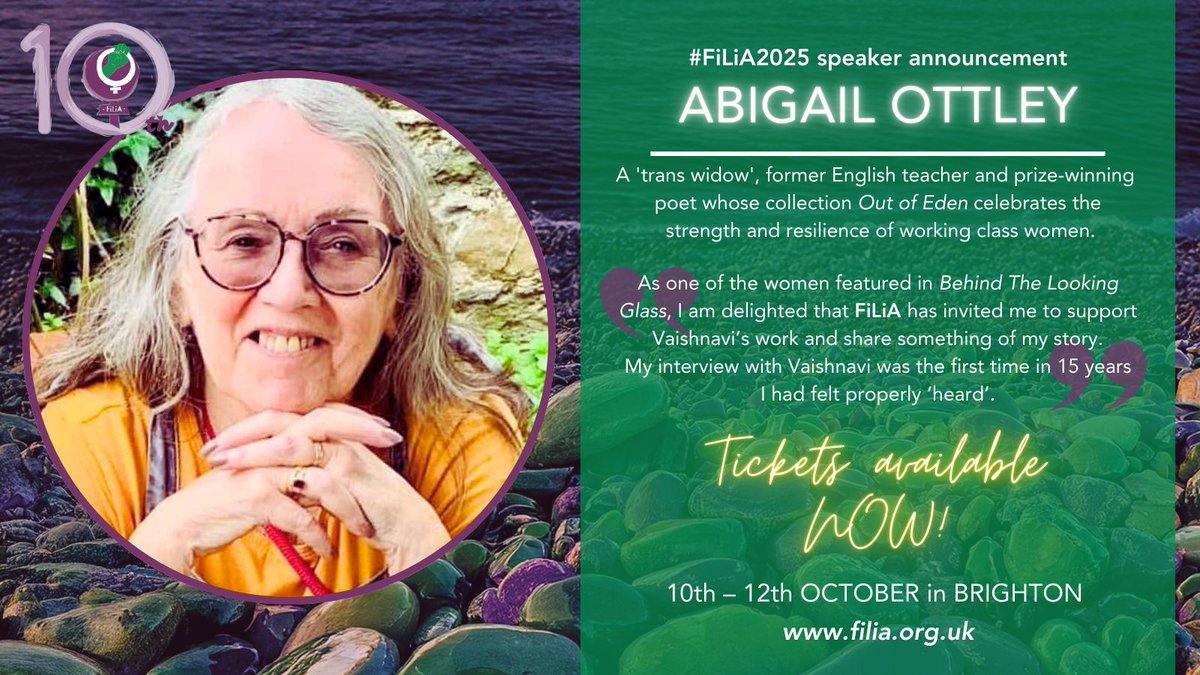 FiLiA_charity's tweet image. #FiLiA2025 speaker news
Joining the conversation is ABIGAIL OTTLEY. @row51203 is a 'trans widow', former teacher & prize-winning poet whose collection, Out of Eden, celebrates the strength & resilience of working class women.
🎟️ filia.org.uk/tickets
#TransWidow #BTLG