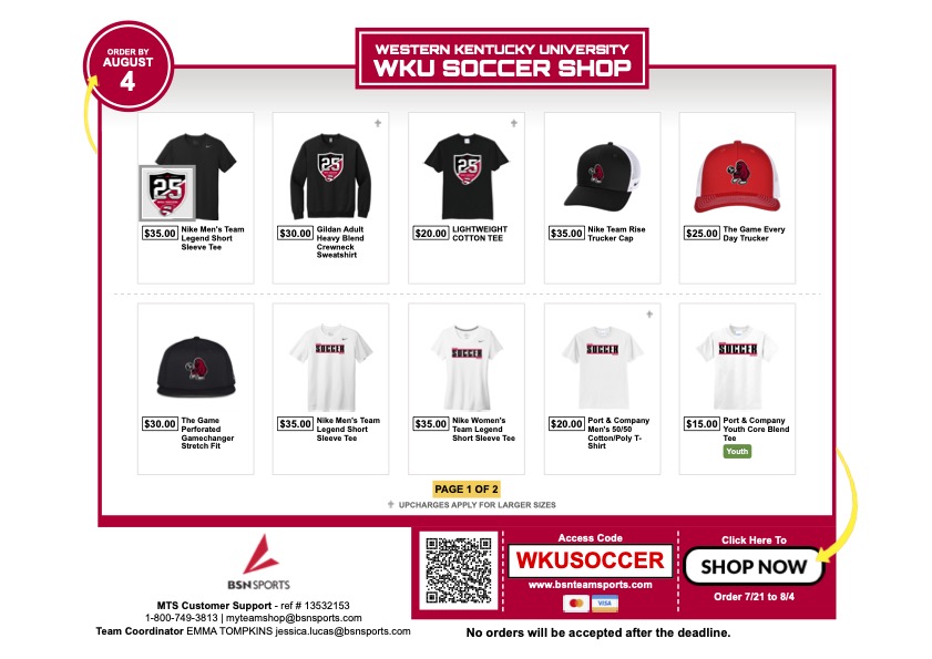 WKU_Soccer's tweet image. Be sure to grab the latest gear for the 𝟮𝟬𝟮𝟱 𝗦𝗲𝗮𝘀𝗼𝗻!
All orders are due by 𝗔𝘂𝗴𝘂𝘀𝘁 𝟰𝘁𝗵.
SHOP HERE: bsnteamsports.com/shop/WKUSOCCER
#GoTops