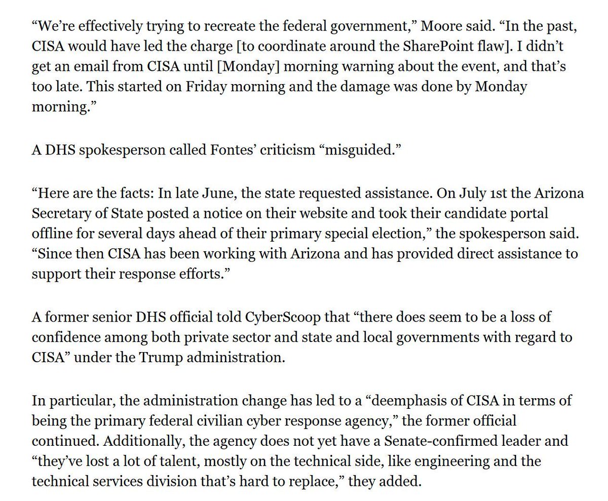 ericgeller's tweet image. Arizona's recent election-office cyberattack highlighted how CISA's downsizing has weakened ties with states, one element of the deteriorating critical infrastructure partnerships that I wrote about recently. cyberscoop.com/arizona-secret… cybersecuritydive.com/news/critical-…
