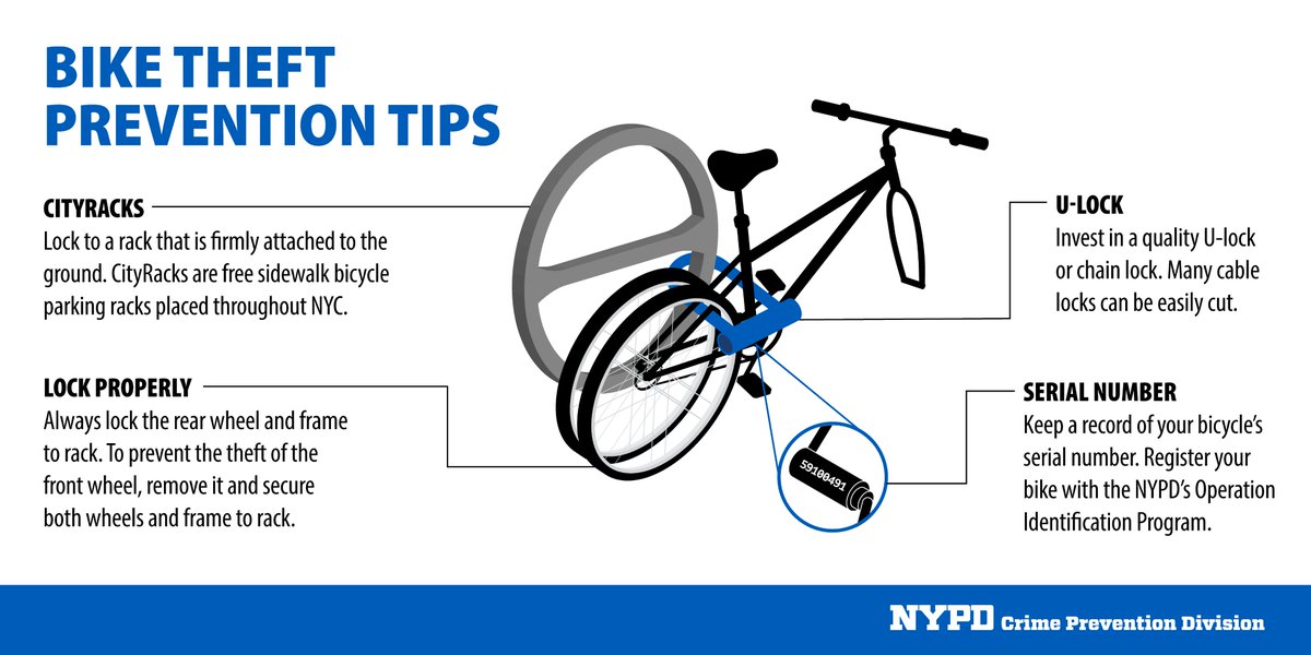 NYPD62Pct's tweet image. There's been an increase in bike thefts. Avoid theft by:
✔️Secure it properly with a "U" lock.
✔️Use @NYC_DOT CityRacks.
✔️Register it with your local Crime Prevention Officer.
✔️Registration is 💯% FREE!
Visit on.nyc.gov/2Y7b6Yp for bike storage locations.