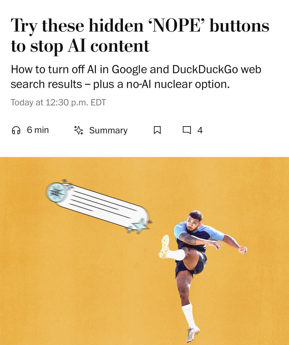 ichbinGisele's tweet image. Are you worried about AI turning us into mushy-brained monsters, draining resources, slurping your data, preying on vulnerable minds, wiping out jobs, choking websites, lying to you or not being useful?
Here’s how to turn it off in search results: wapo.st/4712tmO