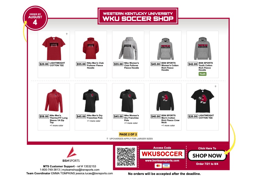 WKU_Soccer's tweet image. Be sure to grab the latest gear for the 𝟮𝟬𝟮𝟱 𝗦𝗲𝗮𝘀𝗼𝗻!
All orders are due by 𝗔𝘂𝗴𝘂𝘀𝘁 𝟰𝘁𝗵.
SHOP HERE: bsnteamsports.com/shop/WKUSOCCER
#GoTops