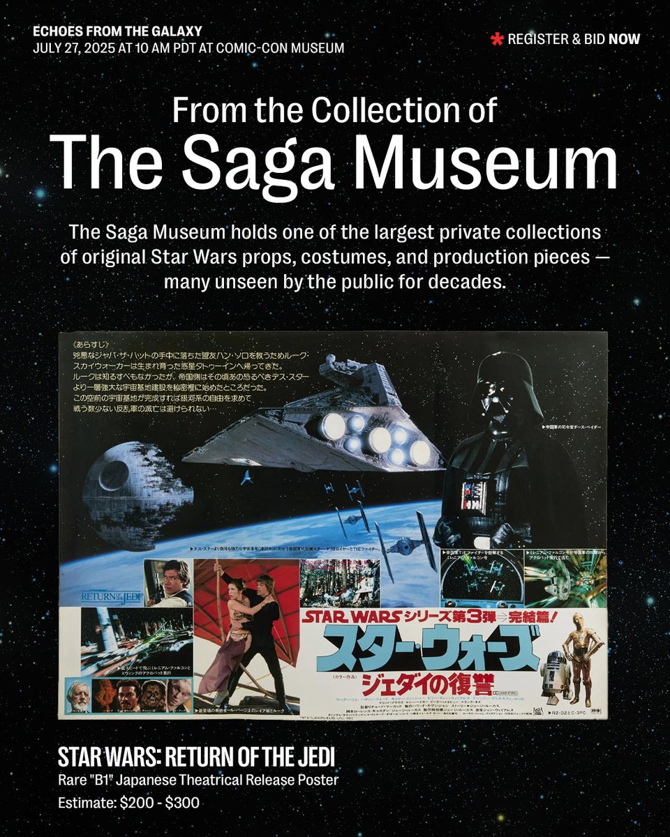 JuliensAuctions's tweet image. The Comic Con Museum is the epicenter of @tcm & Julien’s "Echoes From the Galaxy" LIVE and online auction of rare treasures from @TheSagaMuseum (@RanchoObiWan).
Nearly 200 rare and authentic pieces of memorabilia and experiences up for bid — and the first step in building a…
