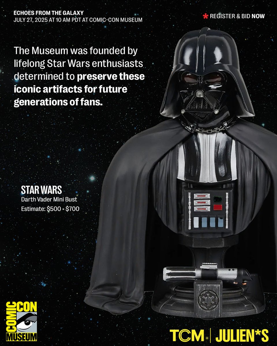 JuliensAuctions's tweet image. The Comic Con Museum is the epicenter of @tcm & Julien’s "Echoes From the Galaxy" LIVE and online auction of rare treasures from @TheSagaMuseum (@RanchoObiWan).
Nearly 200 rare and authentic pieces of memorabilia and experiences up for bid — and the first step in building a…