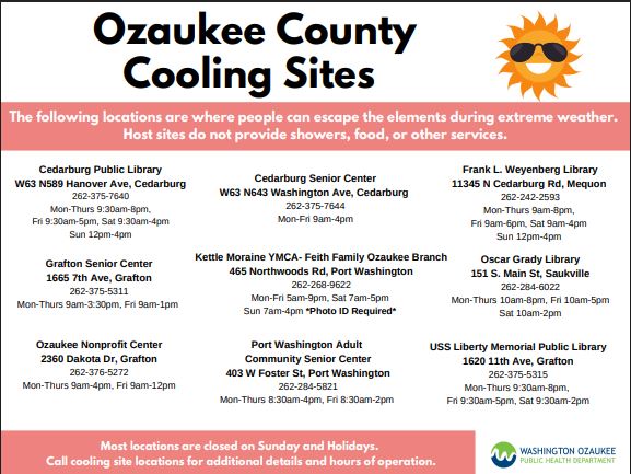 WashCoWisco's tweet image. Extreme Heat Watch from WED, July 23, 10:00 AM until THU, July 24, 7:00 PM. The
See the list of the cooling sites available in Washington and Ozaukee Counties. Stay hydrated and please check on neighbors that may be vulnerable in the heat.