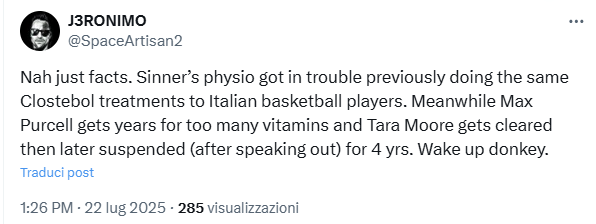sonja_roz81's tweet photo. E' ora di finirla di accusare Naldi di cose di cui non c'entra nulla. 
Naldi è stato il fisioterapista della Virtus Bologna dal 2017 al 2022. 
I giocatori trovati positivi al Clostebol nel 2019 e nel 2021 giocavano nell'Olimpia Milano. 
BASTA.
#Sinner #Naldi https://t.co/xrd48LfFUj