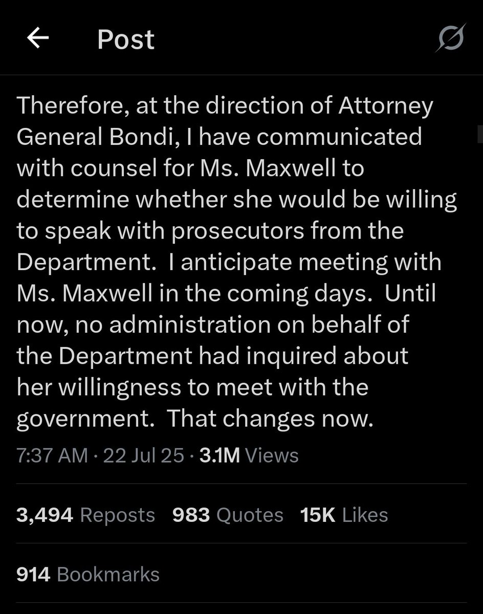 ‼️🇺🇸 BREAKING: AG Pam Bondi: DoJ is meeting with Ghislaine Maxwell to discuss a possible plea to name 3rd-party co-conspirators since no CURRENT FBI evidence merited investigation. 

This is a HIGE WIN!
We're doing it, you guys!!! 🇺🇸🫡