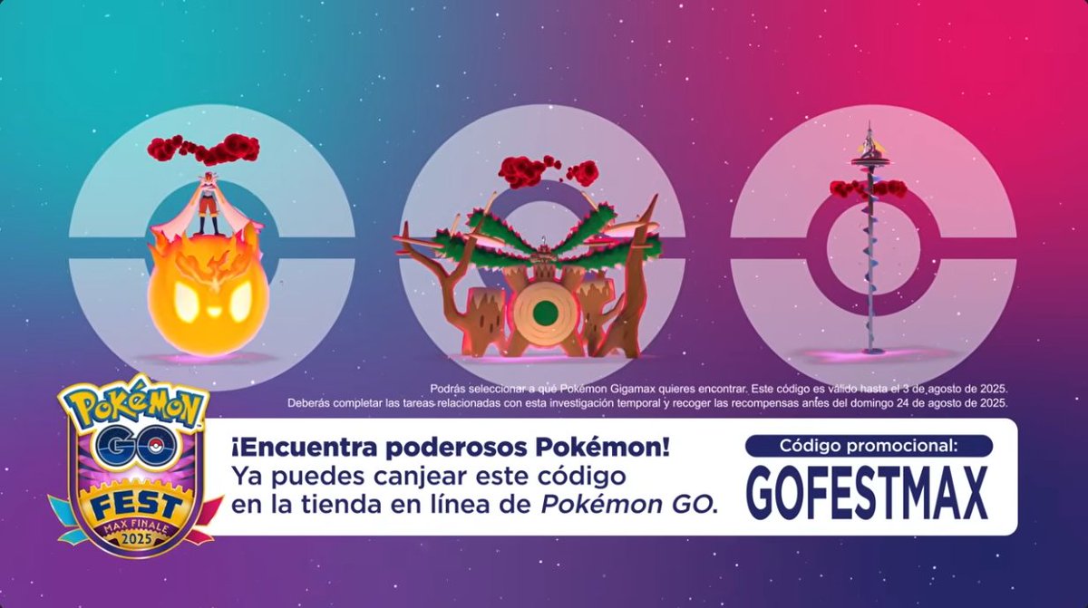 WikiDexOficial's tweet image. Código de #PokémonGO para recibir una investigación que permite capturar a un Pokémon Gigamax a elegir entre Rillaboom, Cinderace e Inteleon:
GOFESTMAX
Se puede canjear en la tienda en línea del juego:
store.pokemongo.com/es/offer-redem…
Válido hasta el 3 de agosto