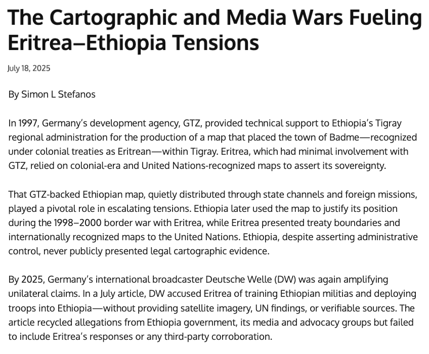 tesfanews's tweet photo. ERITREA / ETHIOPIA ― Some suggest it was Germany’s development agency, GTZ, whose cartographic intervention may have quietly contributed to the tensions that eventually erupted into the 1998–2000 border war between #Eritrea and #Ethiopia.

Today, the stage is being set once more, this time by Germany’s international broadcaster, Deutsche Welle (DW). 

The outlet faces criticism for propagating unverified allegations against Eritrea while strategically omitting what many regard as the heart of the current tensions, i.e. PM Abiy Ahmed’s irredentist push for sovereign access to the Red Sea through Eritrea, a narrative loudly echoed by Ethiopian state media.

https://t.co/8JUPP7f0xD
