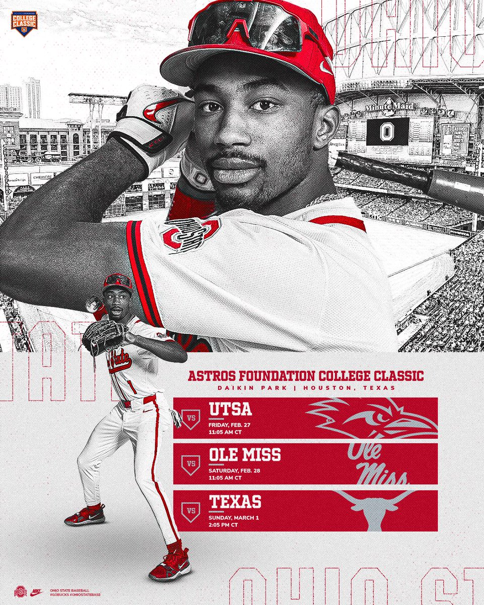 OhioStateBASE's tweet image. 𝗕𝘂𝗰𝗸𝗲𝘆𝗲𝘀 ➡️ 𝗛-𝗧𝗼𝘄𝗻 🤠
Ohio State will match up with UTSA, Ole Miss and Texas in the @astros Foundation College Classic Feb. 27-March 1, 2026 at Daikin Park!
#GoBucks