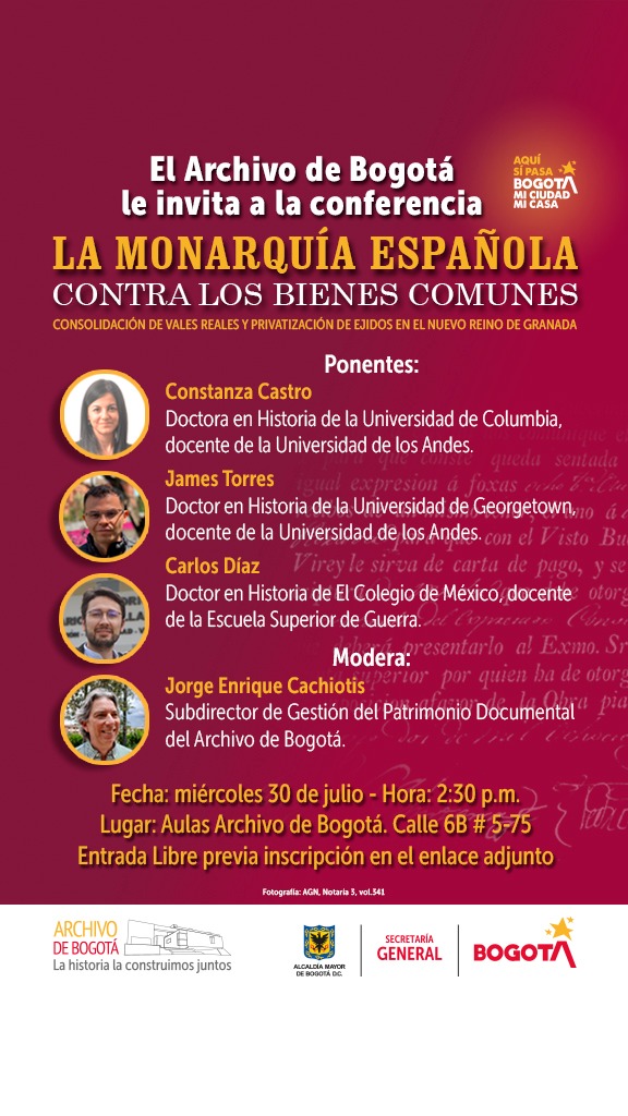 La próxima semana presentaremos (<a href="/ConstanzaCBC/">Constanza Castro</a>
y <a href="/JamesQuipile/">James Torres</a>) adelantos de nuestra investigación sobre los efectos del avance borbónico en la propiedad urbana y rural a finales del siglo XVIII. Gracias a <a href="/treesuniandes/">TREES</a> por el apoyo y a <a href="/ArchivodeBogota/">🇨🇴 Archivo de Bogotá</a> por la invitación.