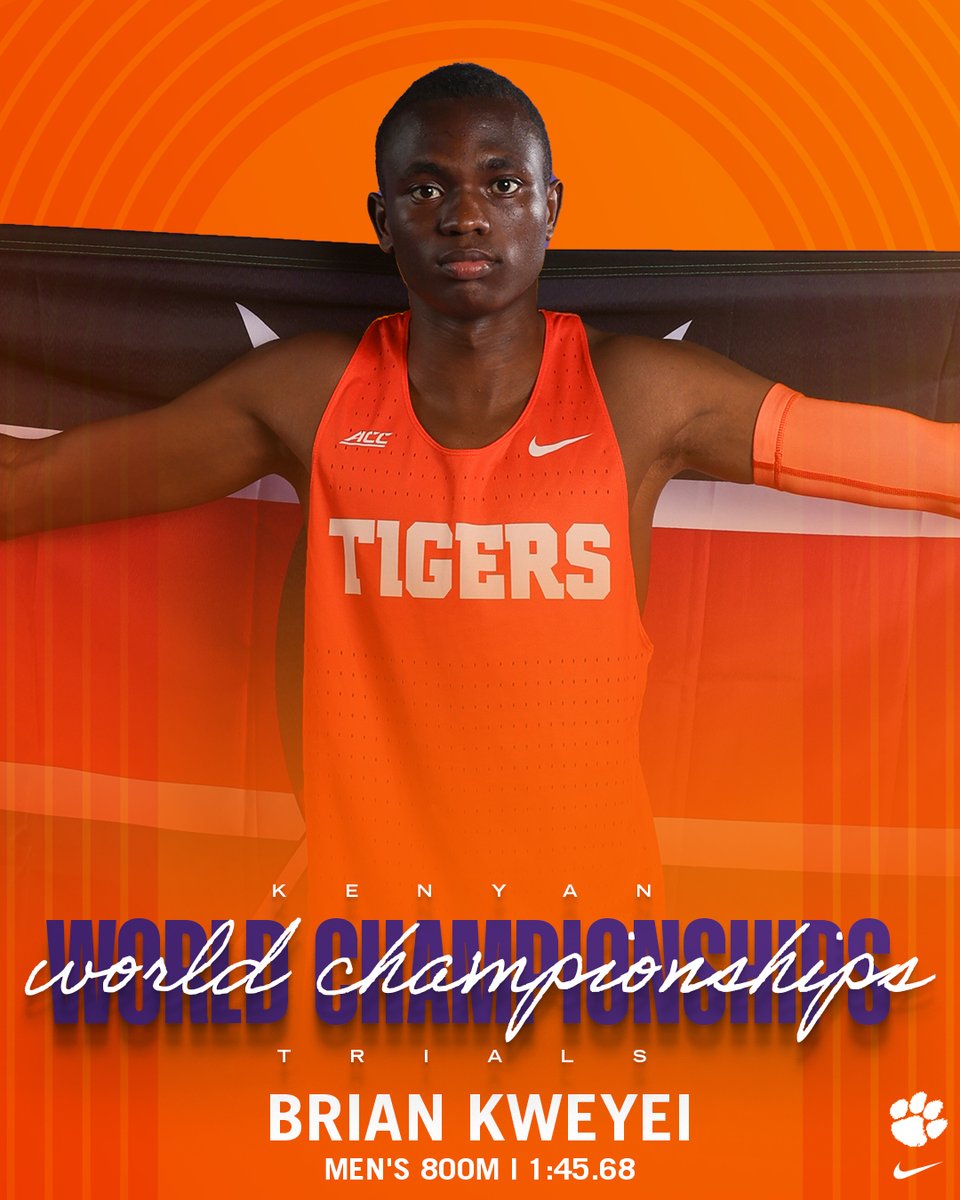 ClemsonTrackXC's tweet image. At the Kenyan World Championships, Brian Kweyei finished seventh overall in the men's 800m with a time of 1:45.68🐾