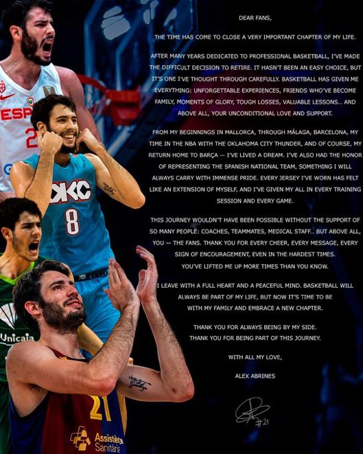 SleeperThunder's tweet image. Former Thunder Alex Abrines has announced his retirement, via his X account.
The sharpshooter averaged 5.3 points, 1.4 rebounds, 0.5 assists, and 0.5 steal across three seasons for OKC (2016-19).
Congrats on retirement my guy 🫡
#ThunderUp