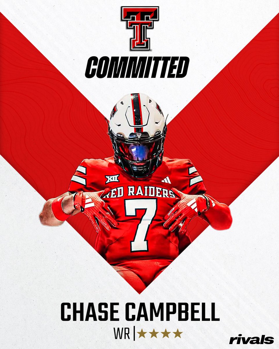 Rivals's tweet image. 🚨BREAKING🚨 4-star WR Chase Campbell has committed to Texas Tech🌵
Read: on3.com/rivals/news/4-…