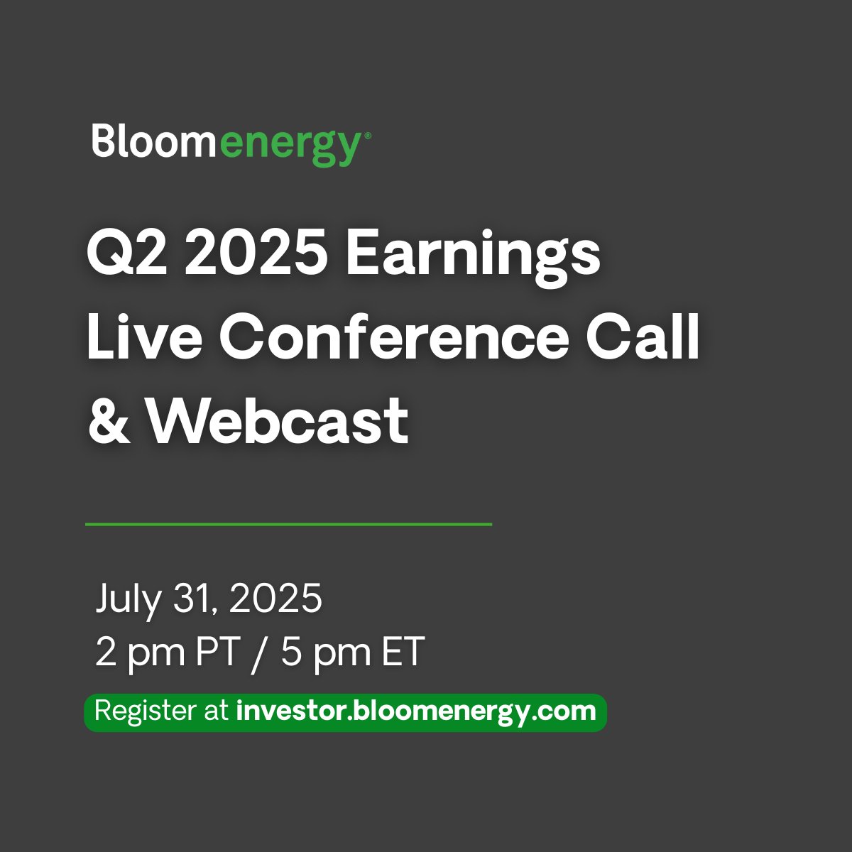 Bloom_Energy's tweet image. 📢 Mark your calendars: Bloom Energy reports Q2 2025 results on Thursday, July 31!
🕐 Join our live earnings call + webcast at 2 pm PT / 5 pm ET.
🔗Details: bloomenergy.com/news/bloom-ene…...
#Q22025 #EarningsCall #BloomEnergy