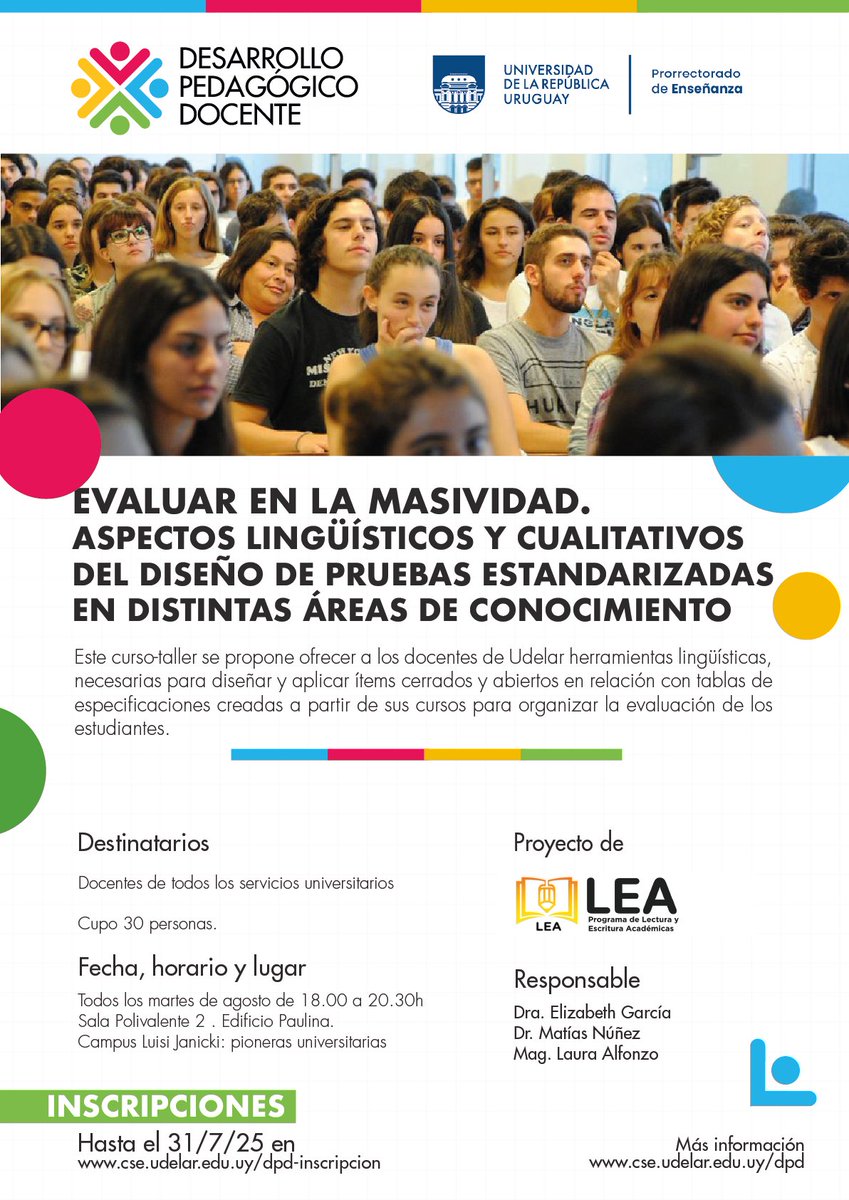 NUEVO CURSO
DESARROLLO PEDAGÓGICO DOCENTE

Evaluar en la masividad. Aspectos lingüísticos y cualitativos del diseño de pruebas estandarizadas en distintas áreas de conocimiento. 

MODALIDAD HÍBRIDA

Más información: cse.udelar.edu.uy/2025/07/18/eva…