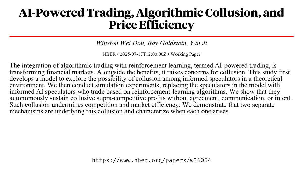 CapybaraPapers's tweet image. AI-Powered Trading, Algorithmic Collusion, and Price Efficiency nber.org/papers/w34054