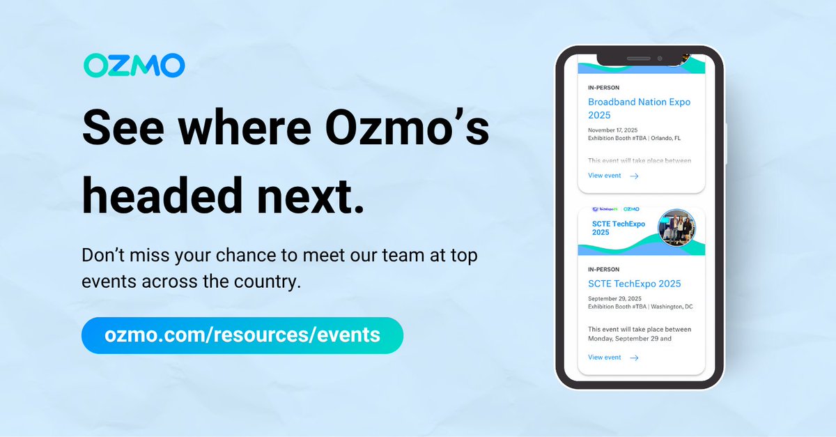 📍 Want to meet the Ozmo team in person?
We’re hitting the road for some of the biggest tech and broadband events this year — and we’d love to see you there!

👀 Check out where we’ll be next and plan your visit:
👉 hubs.li/Q03s_Q1p0