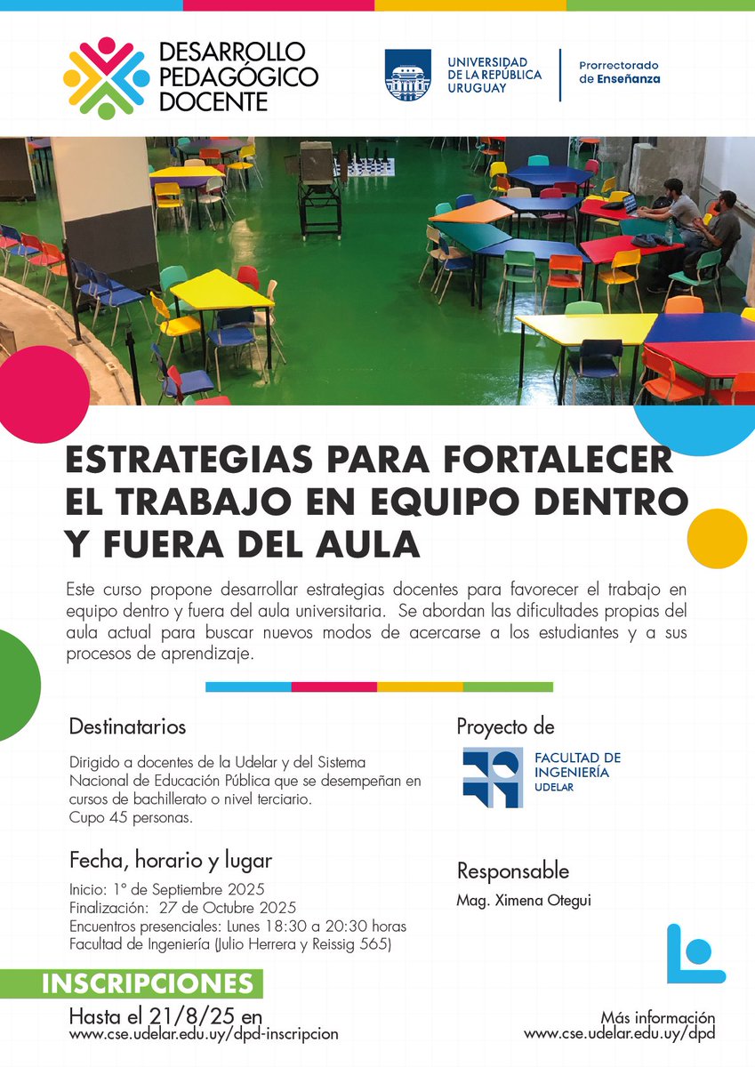 NUEVO CURSO
DESARROLLO PEDAGÓGICO DOCENTE

Estrategias para fortalecer el trabajo en equipo dentro y fuera del aula

MODALIDAD PRESENCIAL

Más información: cse.udelar.edu.uy/2025/07/22/est…