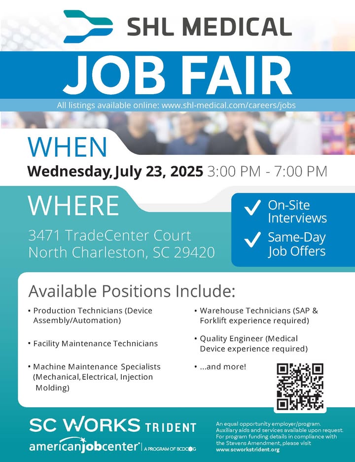 REMINDER! Happening tomorrow...
Job Fair Alert! SHL Medical
Wednesday, July 23 | 3p-7p | 3471 Trade Center Ct. | N. Charleston
On-site interviews | Same-day job offers
<a href="/SCDEWinfo/">SCDEW</a>