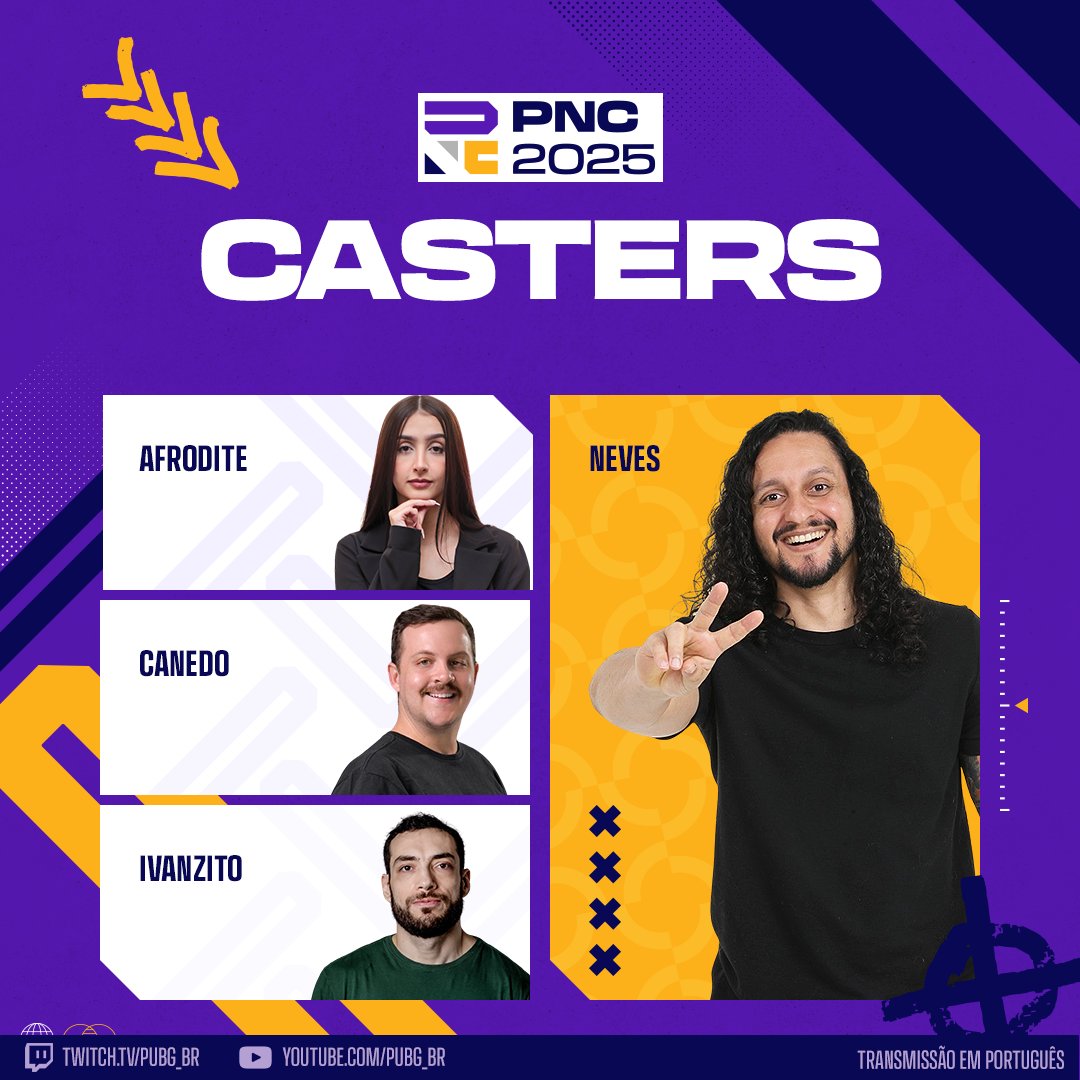 PUBGEsportsBRA's tweet photo. Se ligue no time de TALENTOS que irá transmitir as emoções da #PNC2025! 

🗓️ 23-27 de julho 
🇰🇷 Seul, Coreia do Sul 
⌚ 06:00 (BRT) https://t.co/qBg9jo3BDH
