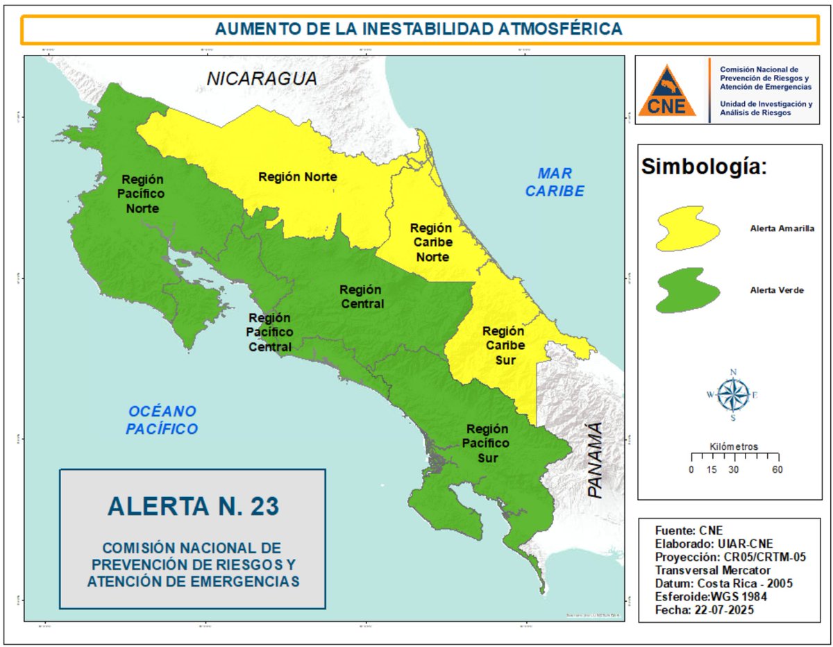 Realizamos un cambios en las Alertas por lluvias 🌧️

🟡 Alerta Amarilla para la Vertiente del Caribe y la Zona Norte
🟢 Alerta Verde para la Vertiente del Pacífico y el Valle Central