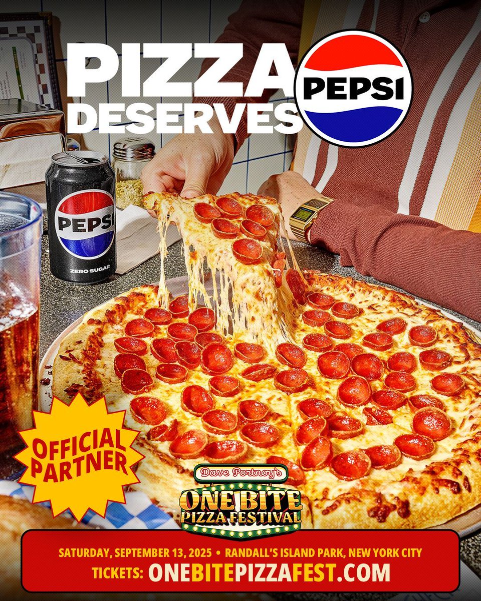 .@Pepsi is officially joining the party as an Official Partner of One Bite Pizza Fest! 🥤🍕 All attendees can enjoy free Pepsi®, Pepsi® Zero Sugar, and Pepsi® Zero Sugar Wild Cherry while checking out the Pizza Deserves Pepsi Experience at the fest!