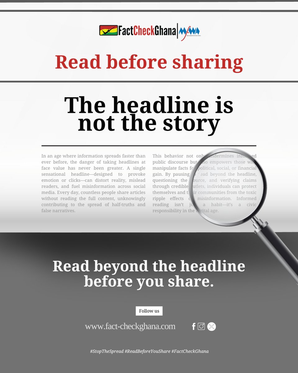 factcheck_ghana's tweet photo. Don't be too quick to share news stories. Be sure you've read the content before you share.
#Verify #FactCheckGhana #FactsMatter #ReadBeforeYouShare https://t.co/Bv8Dkk07j8