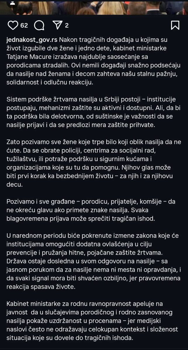 Draga ministarka, SVAKA DRUGA UBIJENA ŽENA JE PRIJAVILA NASILJE.

Kome da prijave nasilje? Onima koji pomiluju muškarce koji devojci polome vilicu? Da prijave institucijama koje vode takvi ljudi?

A kad ste se već prihvatili ministarskog posla trebalo bi da znate da broj žena