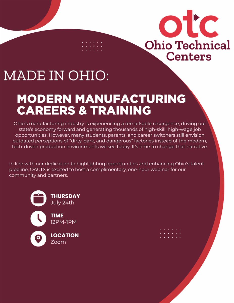 Don't miss it! 📣 Join this free webinar on modern manufacturing careers—July 24th, 12–1PM on Zoom. #CareerTechOhio #CTEWorks #CareerTechChangesLives