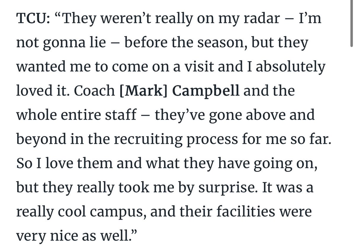 Jdandress11's tweet image. In a recent article by On3, top-10 #WBB recruit Sydney Savoury (@SavourySavoury2) talked her trip to #TCU
Talking with other recruits, this has been the 🐸 style. They were on no one’s radar, but once given a shot, people fall in love with TCU and FW
Campbell can RECRUIT 🐸🏀📈