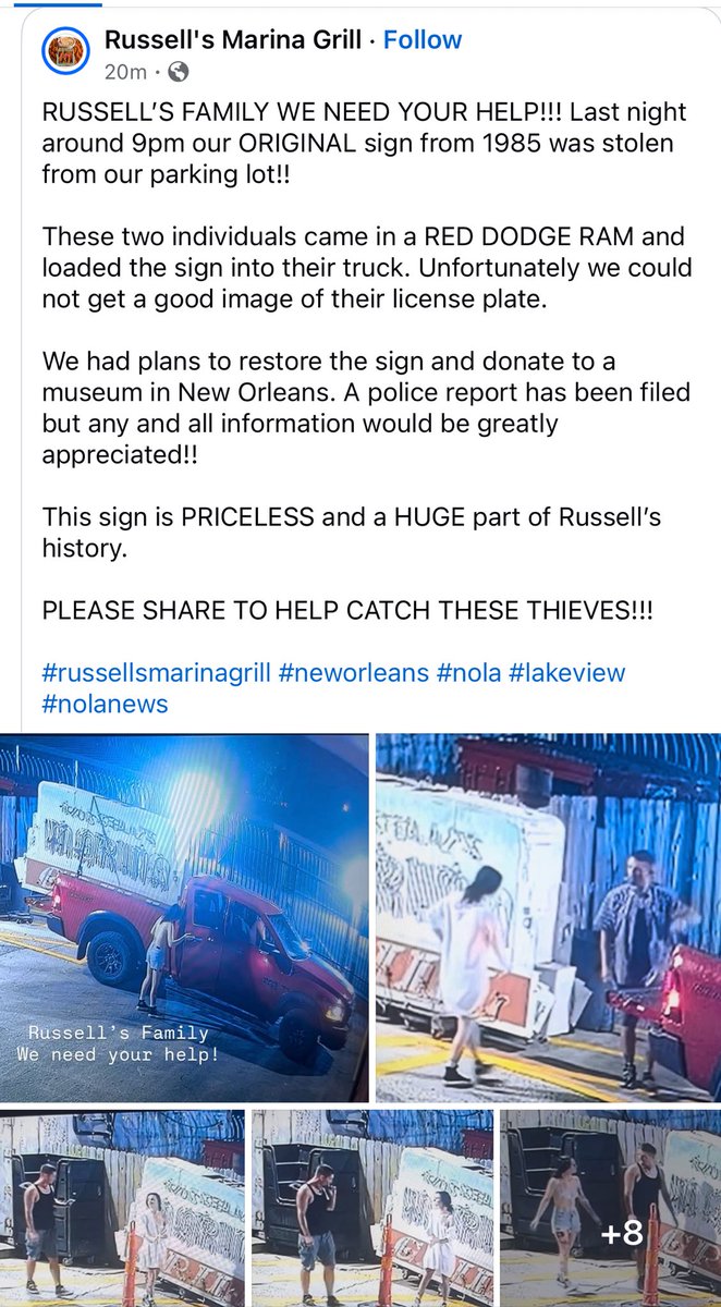 Scumbags stole ⁦<a href="/RussellsNOLA/">Russell's Marina Grill</a>⁩ vintage sign
