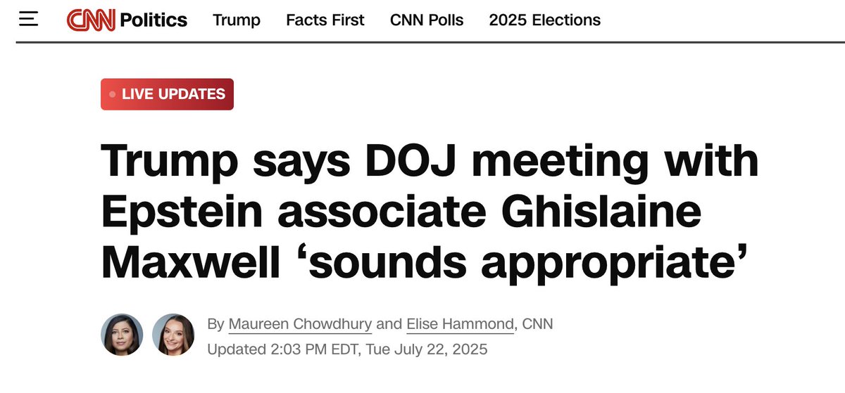 Any American journalist who doesn’t instantaneously see what this is—Ghislaine Maxwell, urgently seeking a pardon from Trump, negotiating privately to say whatever he wants her to say in public to get a pardon (now or any time during her 20-year prison bid)—should quit their job.